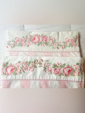 Vintage Laura Ashley Flat Sheets Pink Roses w Bows & Stripes (Set of 2) Twin Sz